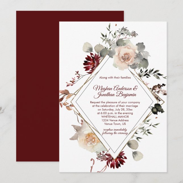 Winter Blooms Diamond Shape - Burgundy Wedding Invitation (Front/Back)