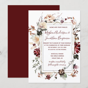 Winter Blooms Gold Frame - Burgundy - Wedding   Invitation