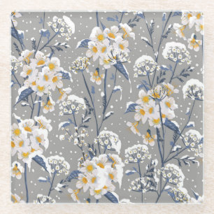 Winter Blossom: Delicate Floral Pattern Glass Coaster