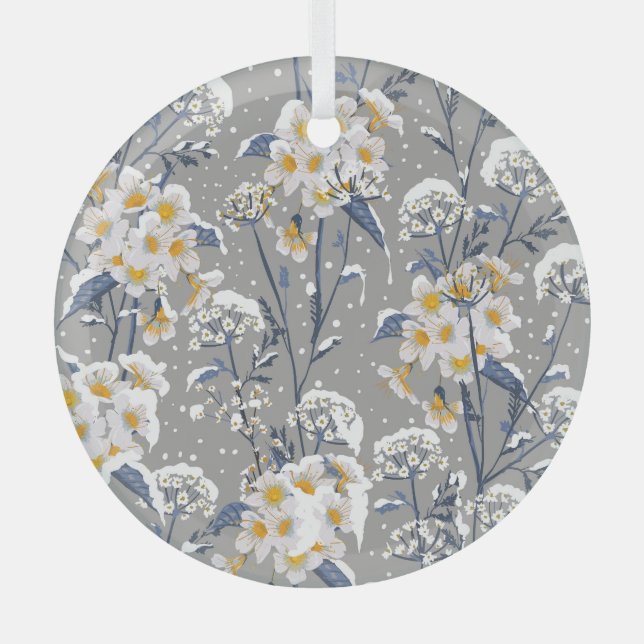 Winter Blossom: Delicate Floral Pattern Glass Tree Decoration (Front)