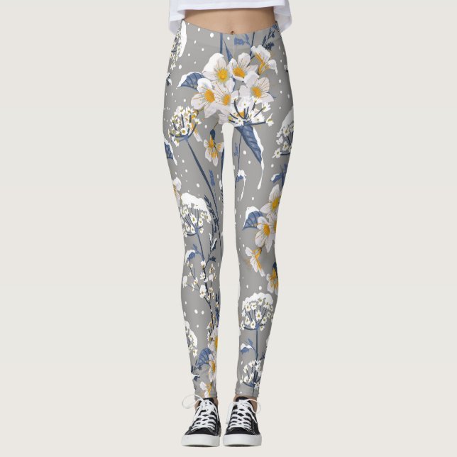 Winter Blossom: Delicate Floral Pattern Leggings (Front)