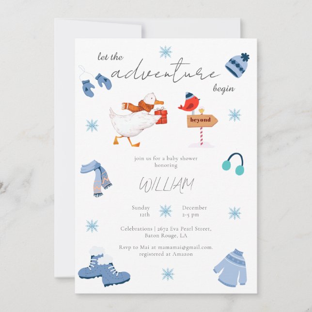 Winter Blue Adventure Begins Baby Shower Invitation (Front)