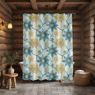Winter Blue And Gold Frosted Snowflake Pattern Shower Curtain