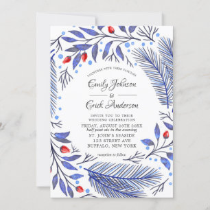 Winter Blue and Red Berry Christmas Wedding Invitation