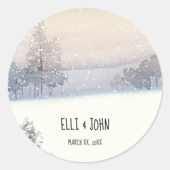 Winter Blue and White Wedding Classic Round Sticker (Front)