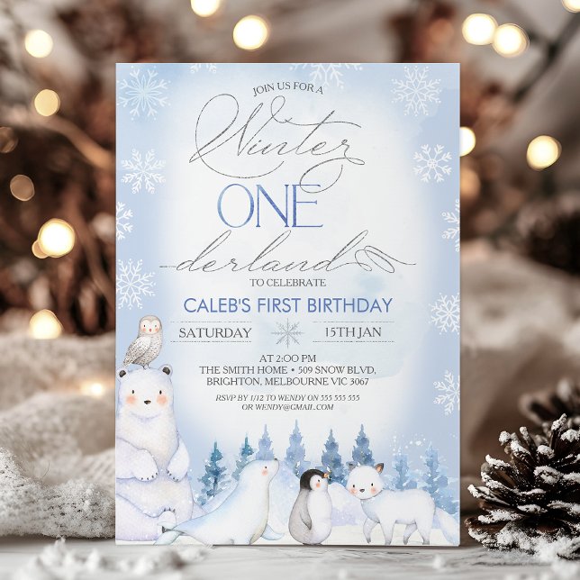 Winter Blue Arctic Animals Onederland 1st Birthday Invitation (Onederland Arctic Animals Birthday Invitation, Boys Winter Onederland Invitation Template, Blue )
