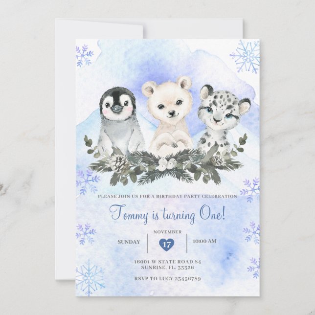 Winter Blue Arctic Mountain Onedeland Birthday Invitation (Front)