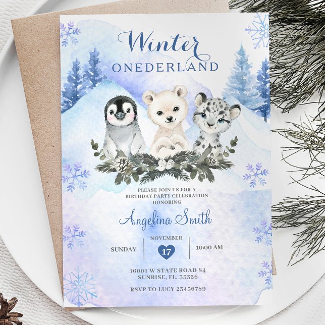 Winter Blue Arctic Mountain Onedeland Birthday Invitation (Creator Uploaded)
