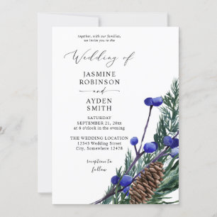 Winter Blue Berries & Pine Greenery Wedding Invitation