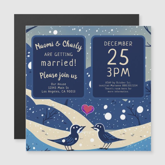 Winter Blue Birds in Love Christmas Wedding  Magnetic Invitation (Front/Back)