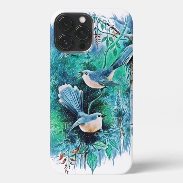 Winter Blue Birds Painting iPhone 13 Pro Max Case (Back)