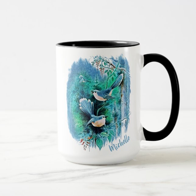 Winter Blue Birds Painting With Name Mug (Right)