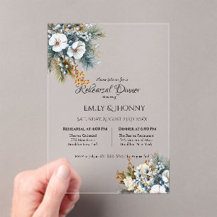 Winter Blue Boho Floral Rehearsal Dinner Acrylic Invitations
