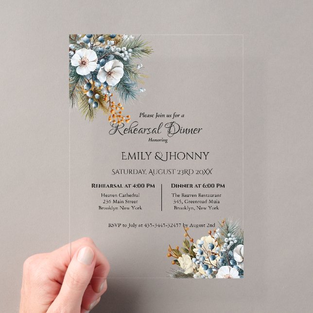 Winter Blue Boho Floral Rehearsal Dinner Acrylic Invitations (Insitu (Handheld))