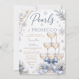 Winter Blue Bow Pearls & Prosecco Bridal Shower Invitation
