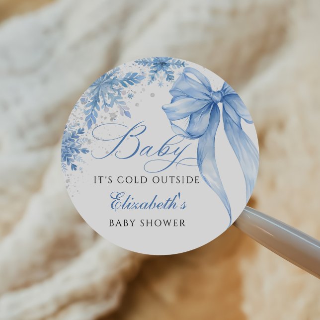 Winter Blue Bow Snowflakes Baby Shower Classic Round Sticker (Creator Uploaded)