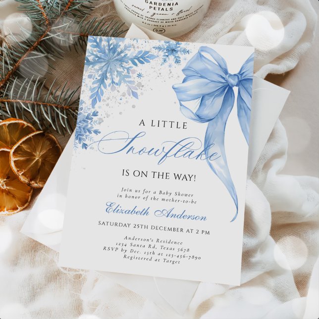 Winter Blue Bow Snowflakes Baby Shower Invitation (Creator Uploaded)