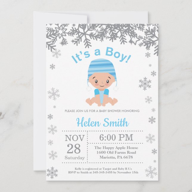 Winter Blue Boy Baby Shower Snowflake Invitation (Front)