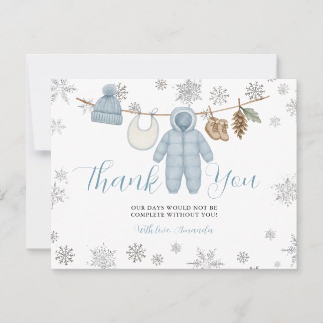 Winter Blue Boy Baby Shower Snowflakes Thank You Card (Front)