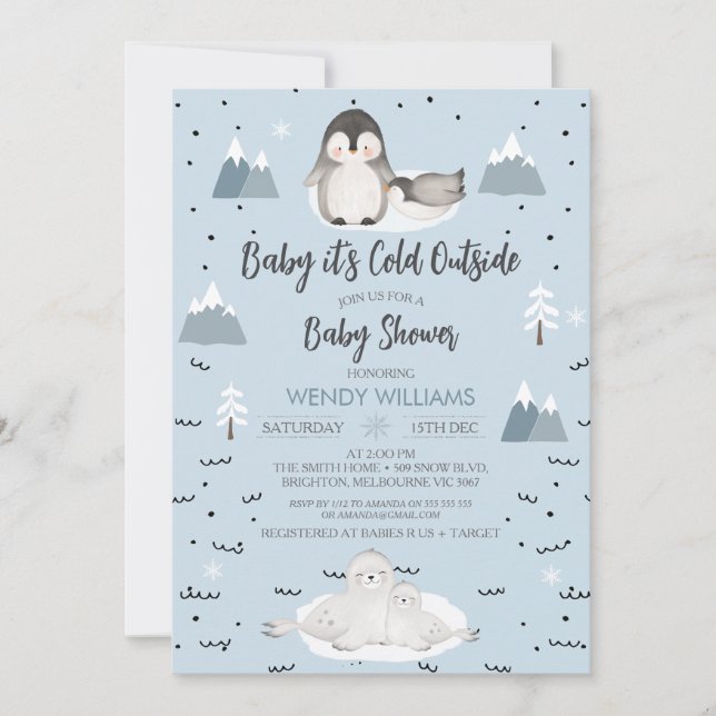 Winter Blue Boys Arctic Animals Baby Shower  Invitation (Front)
