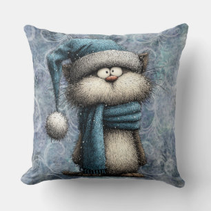 Winter Blue Christmas Cat With Hat And Scarf Cushion