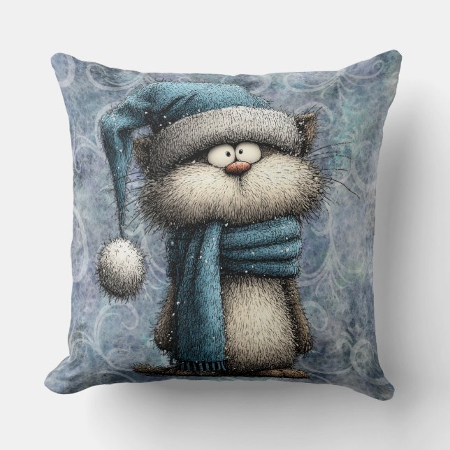 Winter Blue Christmas Cat With Hat And Scarf Cushion (Front)