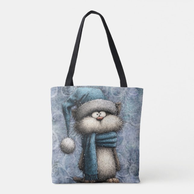 Winter Blue Christmas Cat With Hat And Scarf Tote Bag (Back)