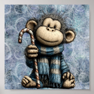 Winter Blue Christmas Cute Chimpanzee With Scarf Poster