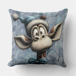 Winter Blue Christmas Cute Giraffe With Hat Cushion