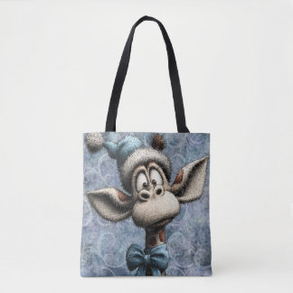Winter Blue Christmas Cute Giraffe With Hat Tote Bag