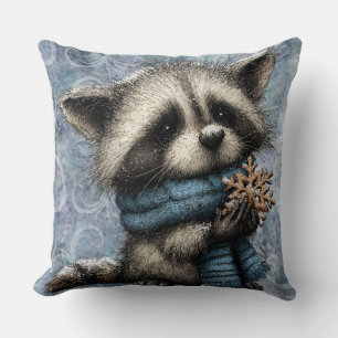 Winter Blue Christmas Cute Raccoon With Scarf Cushion
