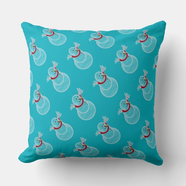 Winter Blue Christmas Snowman Pattern Throw Pillow (Front)