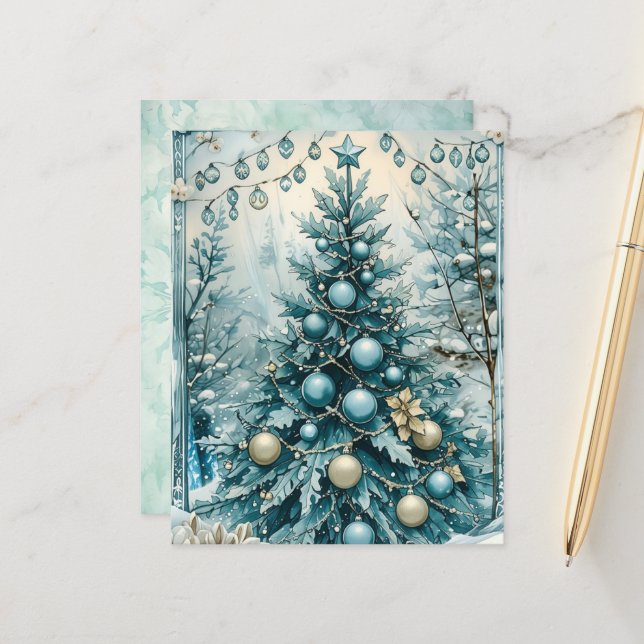 Winter Blue Christmas Tree Scrapbook Paper (Front/Back In Situ)