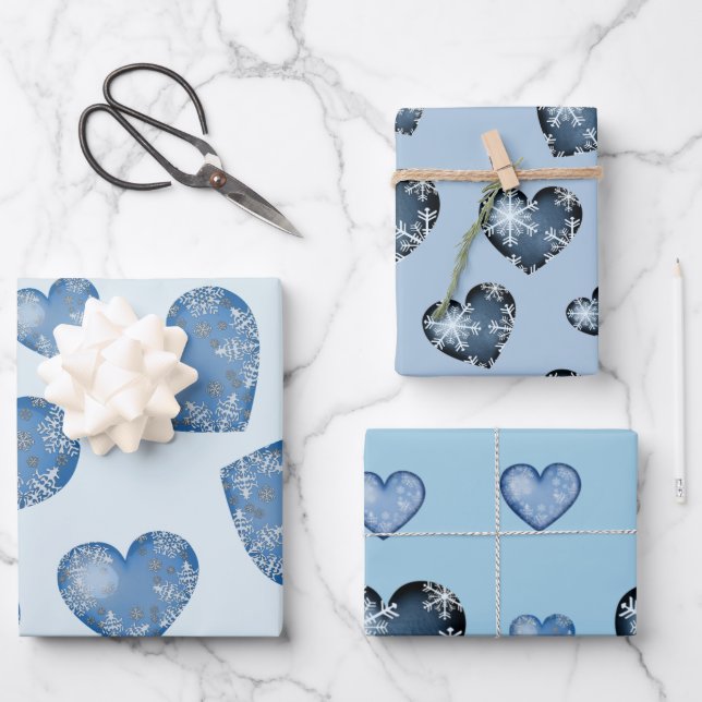 Winter blue colour hearts with snowflakes wrapping paper sheet (Front)