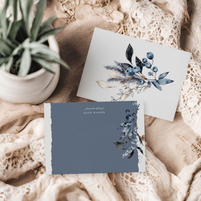winter blue floral monogram Stationery Note Card (Creator Uploaded)