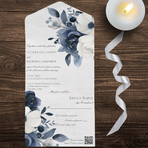 Winter Blue Floral on Marbled White QR Code  All In One Invitation