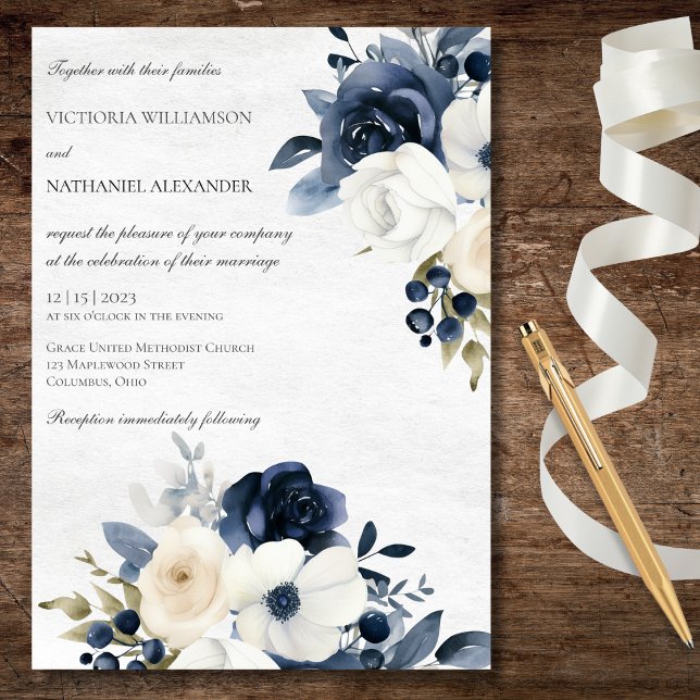 Winter Blue Floral on Marbled White Wedding   Invitation (Creator Uploaded)