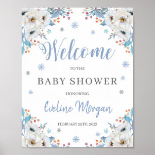 Winter blue floral silver baby shower welcome sign