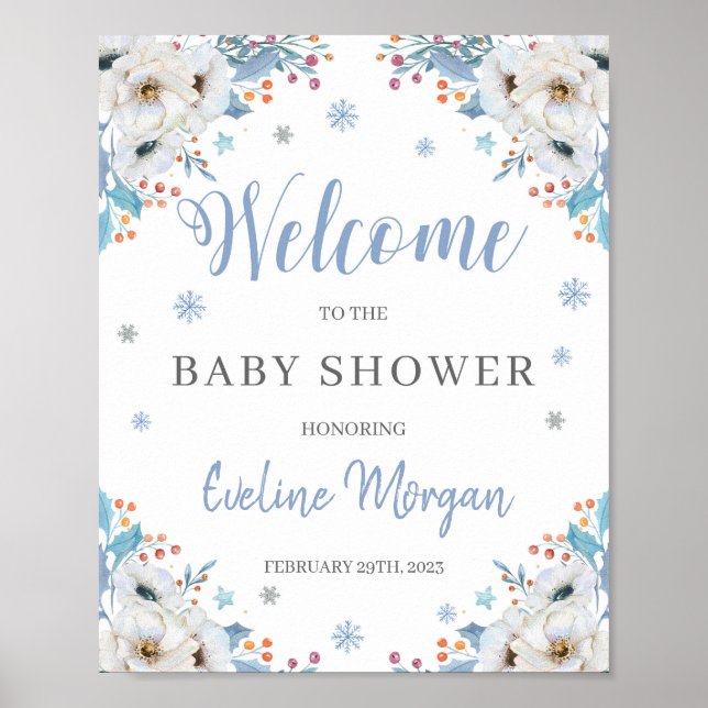 Winter blue floral silver baby shower welcome sign (Front)