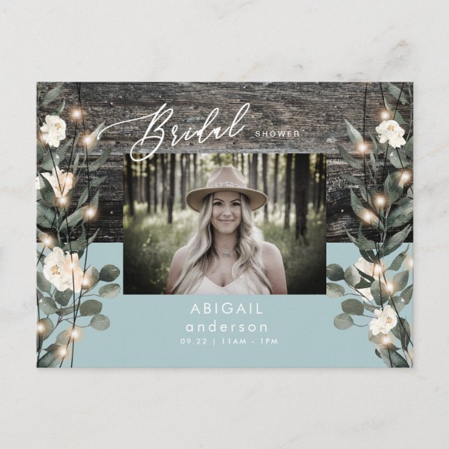 Winter Blue Foliage Lights & White Floral Photo In Invitation Postcard (Front)