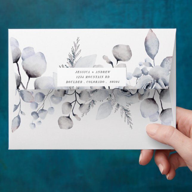 Winter Blue Foliage Pre-Addressed Wedding Envelope (Hand)
