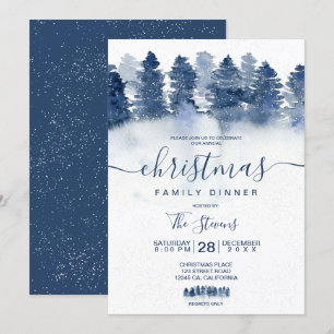 Winter blue forest wood watercolor snow Christmas Invitation