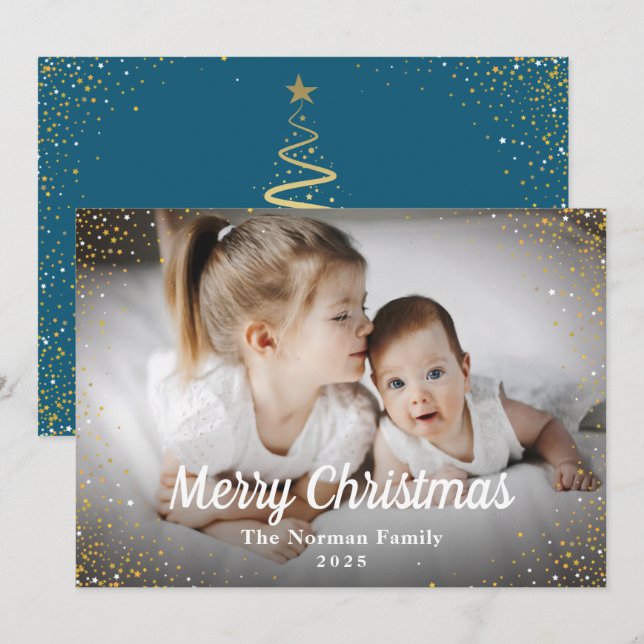 Winter Blue Gold Glitter Merry Christmas Photo Holiday Card (Front/Back)