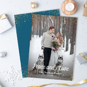 Winter Blue Gold Glitter Peace and Love Photo Holiday Card