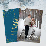 Winter Blue Gold Glitter Peace and Love Photo Holiday Card<br><div class="desc">Winter Blue Gold Glitter Peace and Love Photo Holiday Card</div>