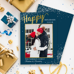 Winter Blue Gold Script Happy Holidays Photo Holiday Card