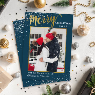 Winter Blue Gold Script Merry Christmas Photo Holiday Card
