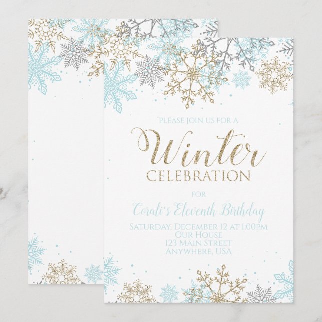 Winter Blue Gold Silver Snowflakes Birthday Invitation (Front/Back)