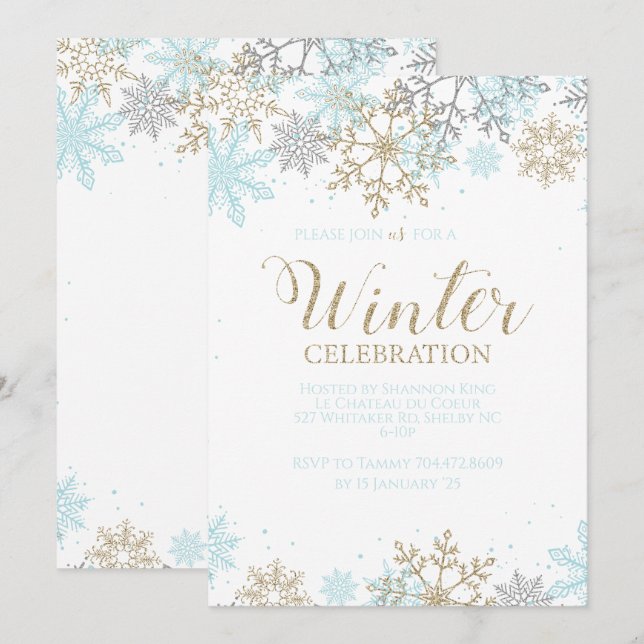Winter Blue Gold Silver Snowflakes Birthday Invitation (Front/Back)