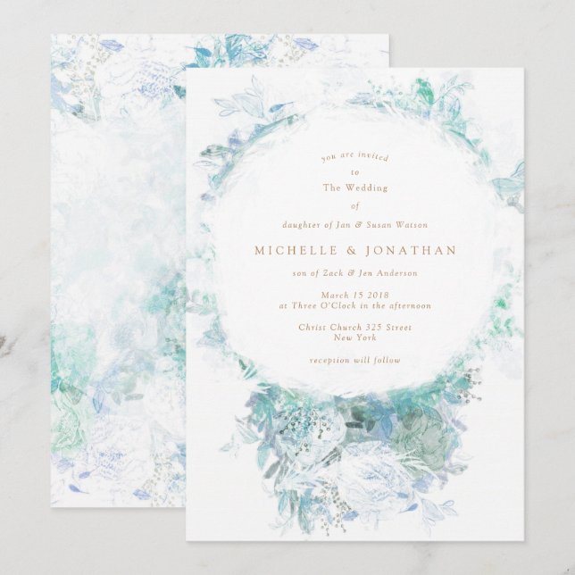 Winter Blue Green Flowers Boho Wedding Invitation (Front/Back)